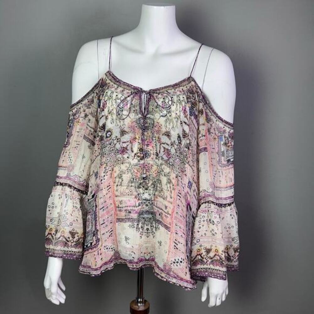 Camilla Revolve top small on the road print‎ sheer Swarovski elegant boho